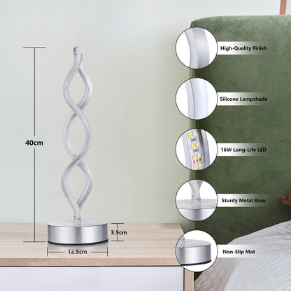 NUÜR Infinity Spiral LED Table Lamp Silver, Dimmable Metallic Bedside Lamp with Touch Controller, 3 Colour Temperature, 15.8 Inch Height, Decorative Lamp for Home, Living Room