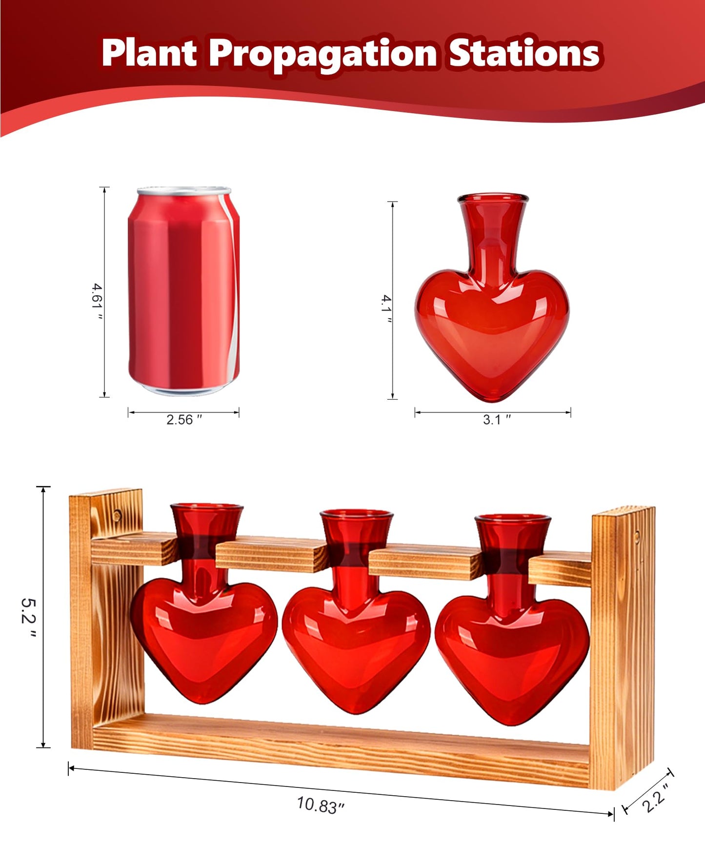 Nacome Plant Terrarium Propagation Stations: Mothers Day Gifts for Mom Plant Lovers Women Wife Daughter - 3 Bulb Glass Vase with Wooden Stand Tabletop for Hydroponics Garden Home Wall Decor(Red)