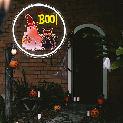 WittyRhE Halloween ghost Neon Sign BOO neon Light Wall Decor for Bedroom Club Party Bar Shop Gift Art for Boys Girls Family-12.2×12.2 IN-USB Powered-Acrylic
