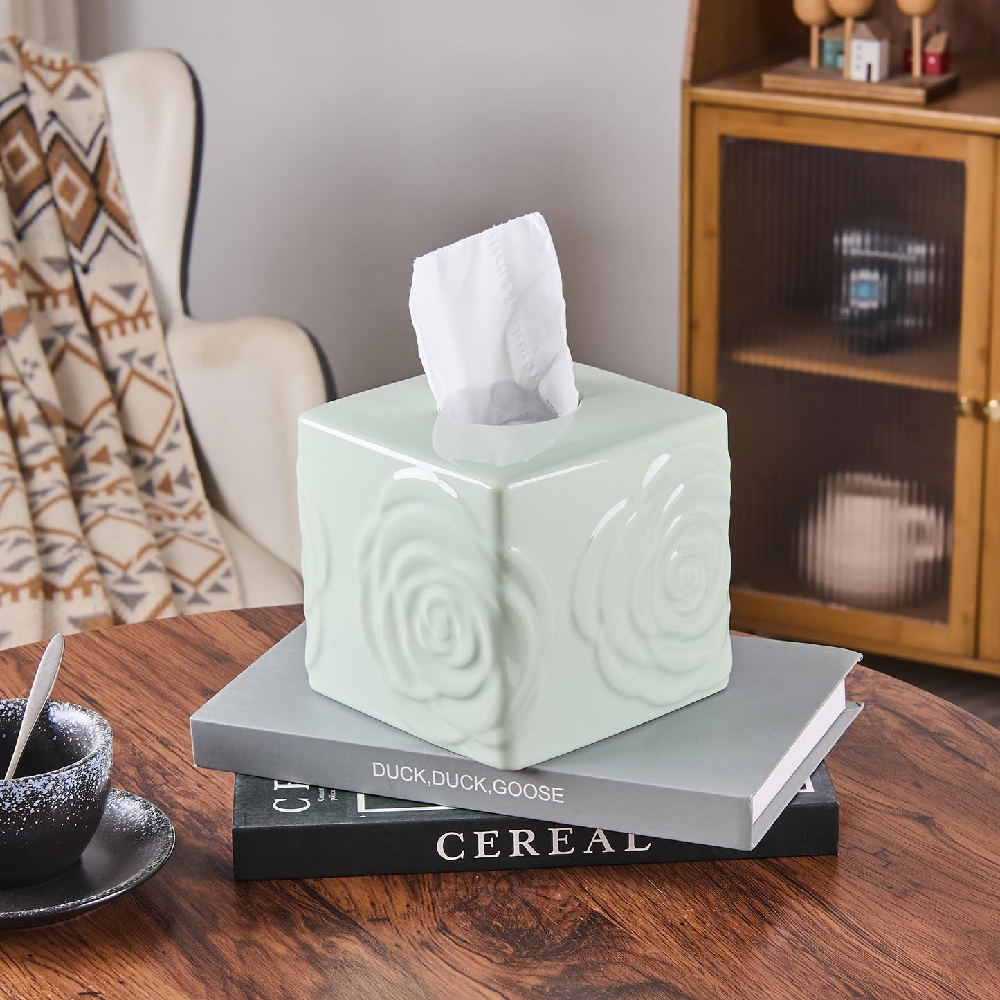 Light Green Ceramic Cube Tissue Box Cover with Rose – Large Elegant Rose Floral Square Decorative Tissue Box Holder for Bathroom, Bedroom, Office Desk, Kitchen Counter – Perfect Housewarming Gift