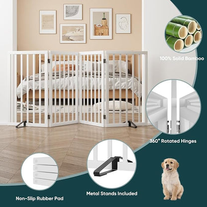 Semiocthome Freestanding Dog Gate 32" Tall, 4-Panel Foldable Dog Gates for Doorways Stairs House, Pet Gate Indoor with 2 Metal Stands, White