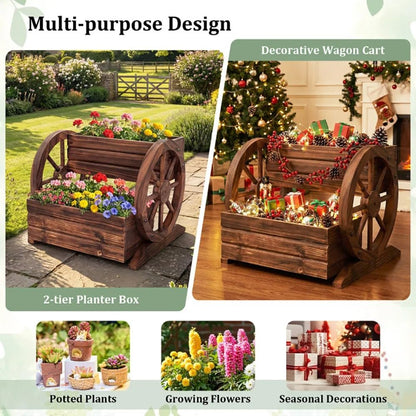 Piler Rustic 2-Tier Wooden Wagon Planter, Carbonized Fir Wood, Coffee Color, Raised Garden Bed with Wagon Wheel Design, 18 x 17.5 x 14 Inches, for Flowers, Herbs and Vegetables