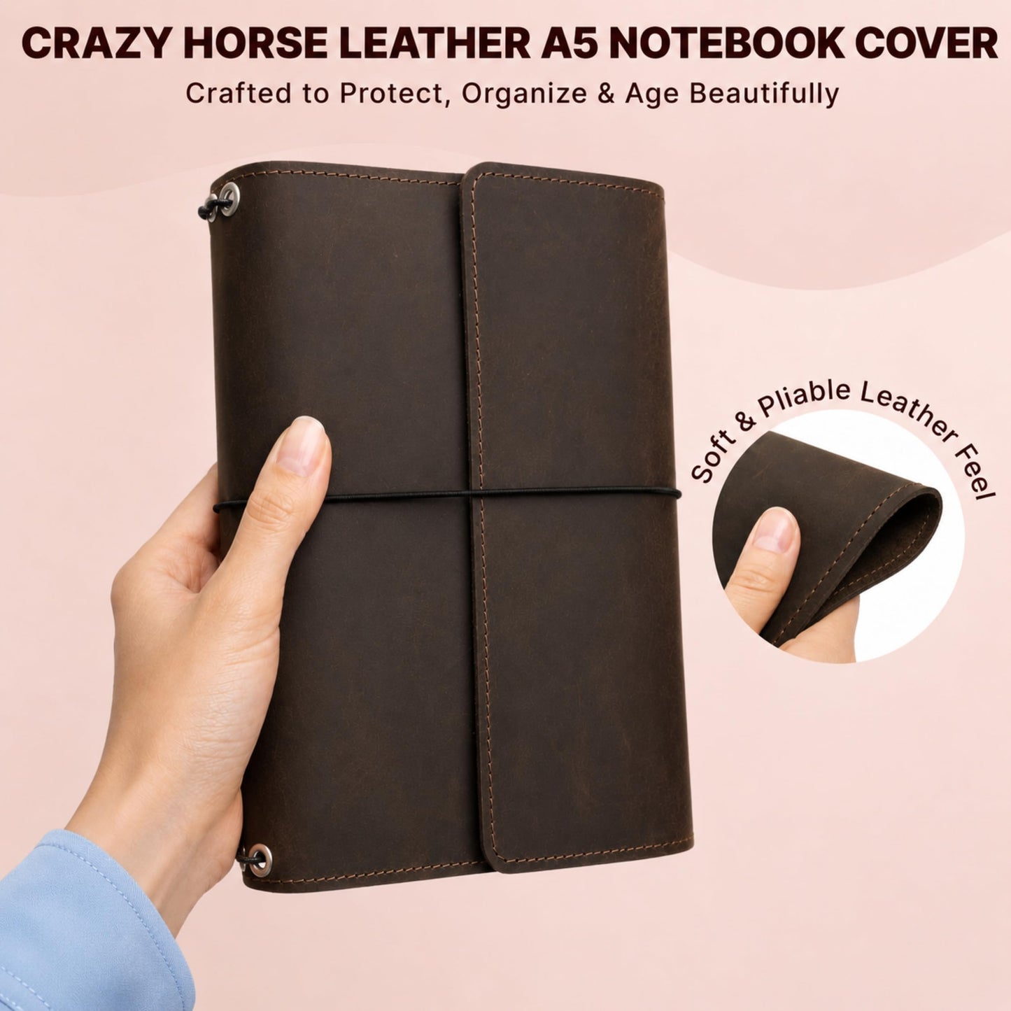 TORAKIP Leather A5 Notebook Cover – Refillable Journal Case with Elastic Bands, Pen Loop & Inner Pockets, Handmade Notebook Organizer, Fits 5.8" x 8.3" Inserts (Paper Not Included), Brown