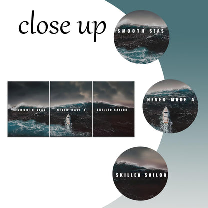 PSYYSP 3 Piece Canvas Wall Art Smooth Seas Never Made a Skilled Sailor Quote, Stormy Ocean Boat Triptych Wall Decor for Bedroom Office, Framed Canvas Prints Set 36x16 Inch