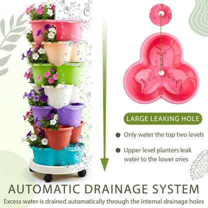 Umigy 2 Set Multicolor 7 Tier Stackable Vertical Planters with Removable Wheels and Tools Tower Planters Strawberry Herb Flower Vegetable Pots Indoor Outdoor Gardening Pots