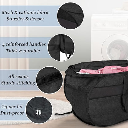 Upgraded 100L Extra Large Mesh Pop Up Laundry Hamper with Lid & Handles, XL Foldable Dirty Clothes Basket for Home Dorm Closet Storage, Portable Laundry Bin, Black. H