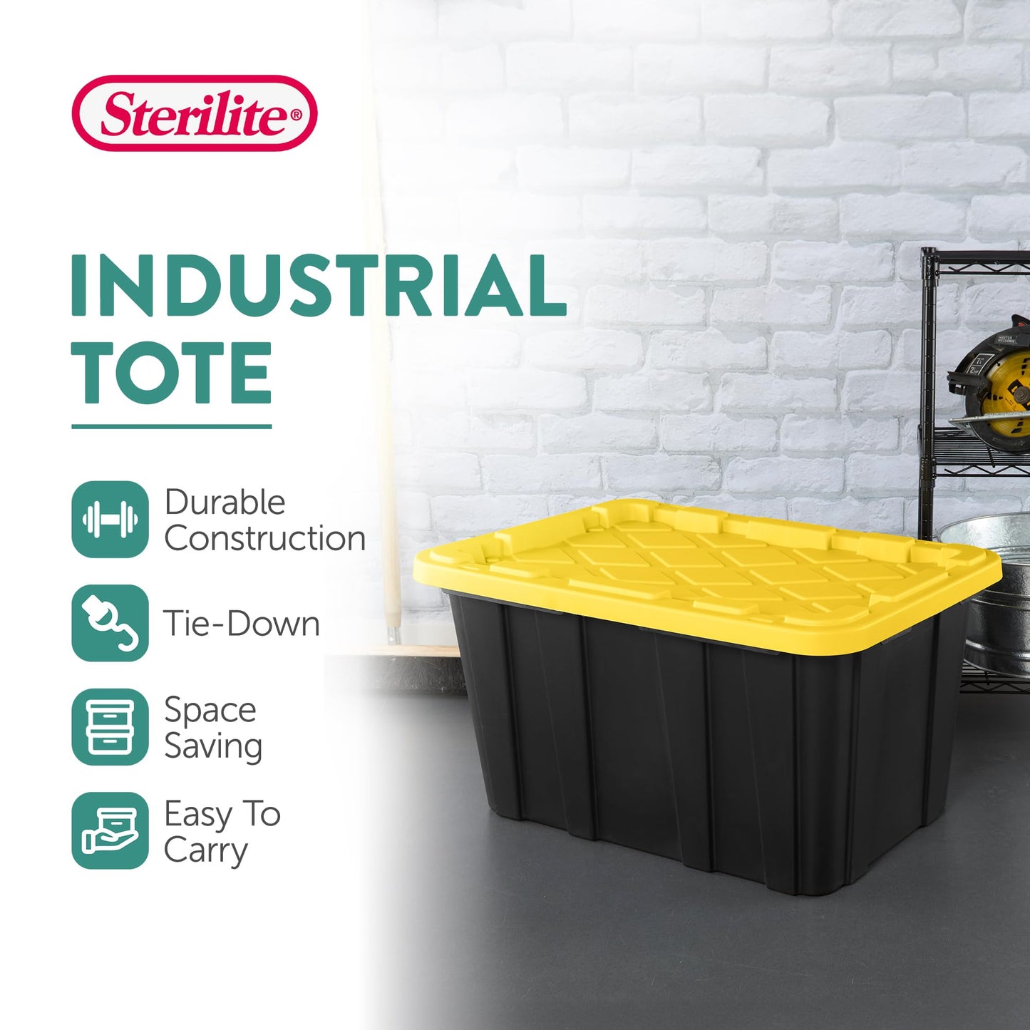 Sterilite 4-Pack 27 Gallon Industrial Storage Tote, Heavy-Duty Plastic Bins, Black/Yellow - Stackable Utility Organizers with Lids for Garage, Camping Tools, and Outdoor Gear