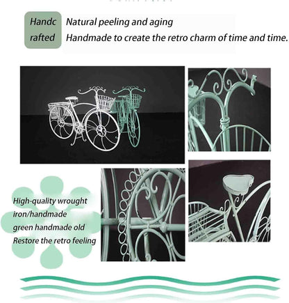 piudoiliy Iron Bicycle Flower Rack, Metal Floor Flowerpot Rack,Outdoor Plant Stand,Great Gift for Plant Lovers,with 3 Baskets (Green)
