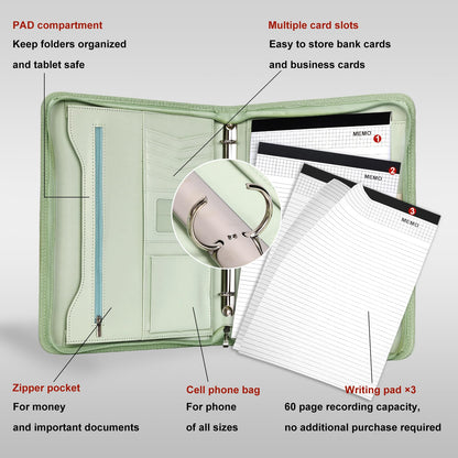 Leathario Portfolio Binder, Includes 10 Sheet Protectors and 3 Notepads, 3-Ring Folder Organizer, A4 Padfolio with Zipper, Vegan Leather Tablet Sleeve, Business Office Conference Clipboards