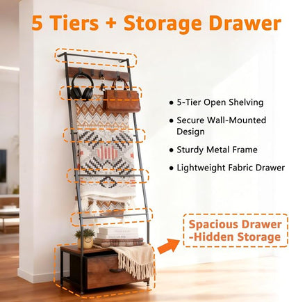 Metal Blanket Ladder with Storage Drawer, 5 Tier Black Blanket Ladders for the Living Room with Hooks, 5.2ft Wall Leaning Quilt Ladder for Blankets, Towels & Throws, Farmhouse Decor