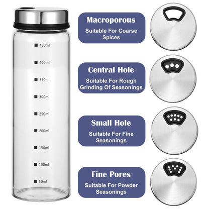 Kifmurase 4Pcs Salt Pepper Shakers with Adjustable Outlet Holes, 4 Sizes Clear Glass Shaker Bottles, Salt Shakers for Kitchen, Spice Seasoning Cans for Kitchen Decor Home Restaurant BBQ Camping