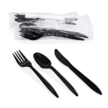 Party Essentials Individually Wrapped Plastic Cutlery Kits/Silverware Packets, 250 Sets, Black Fork/Spoon/Knife/Napkin/Salt/Pepper