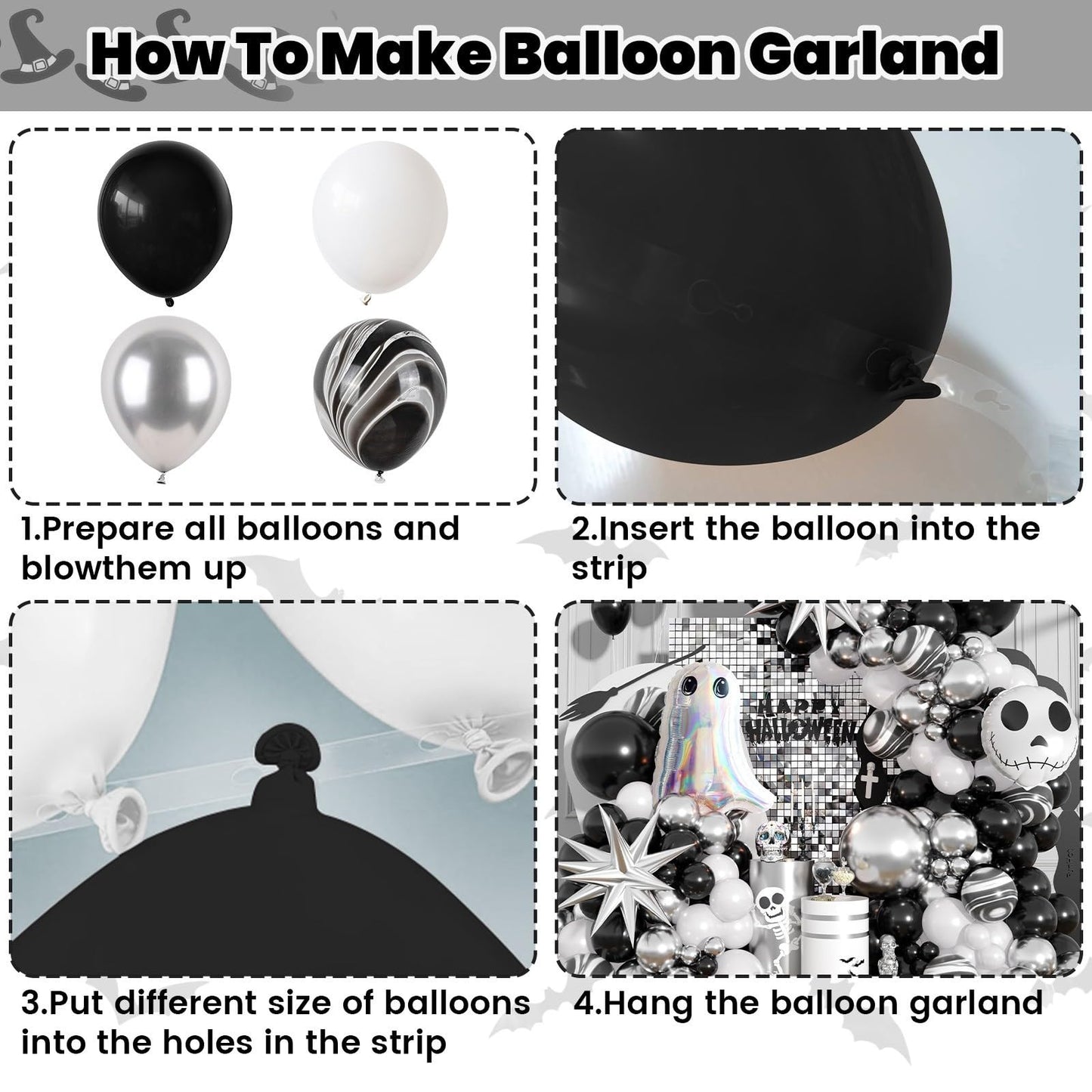 Halloween Balloon Arch Kit,110Pcs Black White and Silver Latex and Foil Balloon with Ghost,Skull Design for Halloween Birthday Bachelorette Baby Shower Wedding Party Decorations