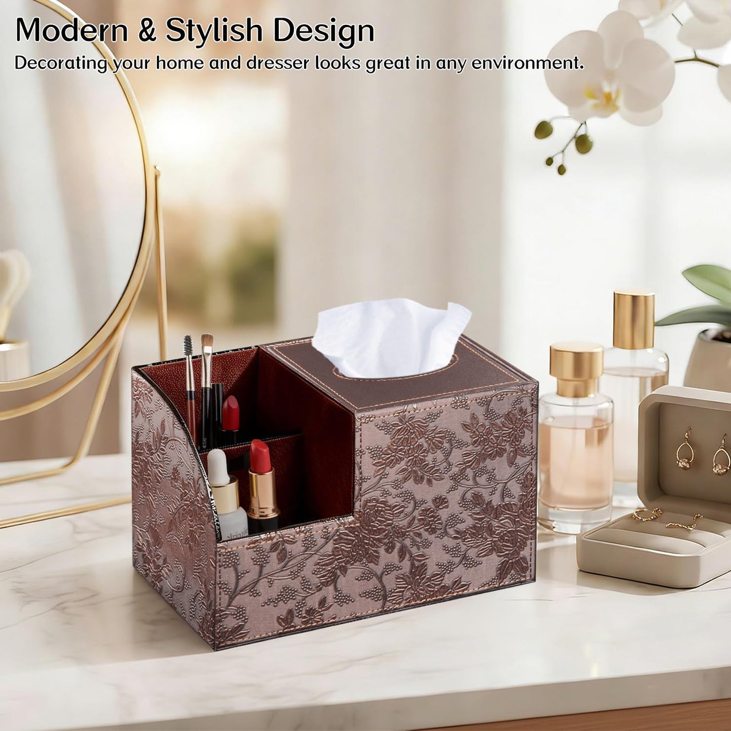 Fanousy Square Tissue Box Cover with Storage, PU Leather Cube Tissue Box Holder, Remote Control Nightstand Organizer, Modern Desk Caddy for End Table, Bathroom, Bedroom, Home, Office Decor