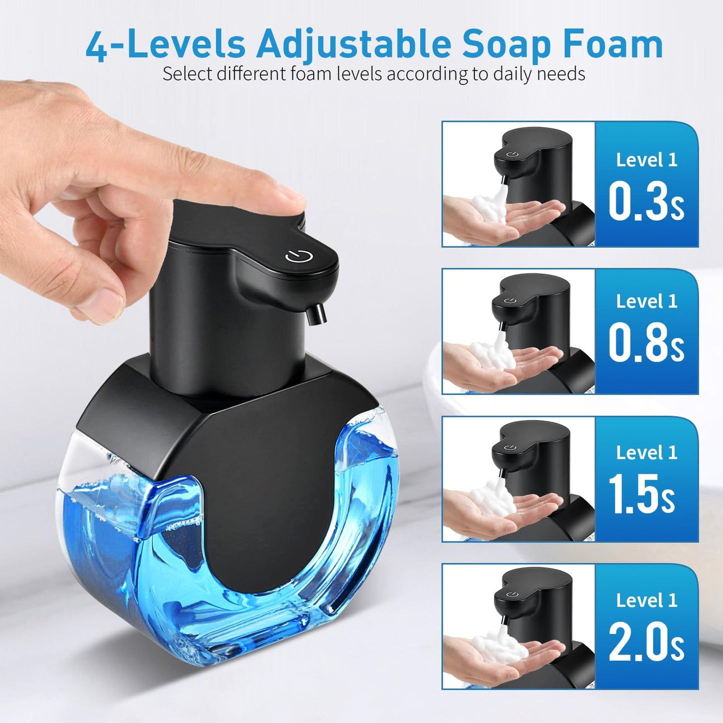 Foam soap Dispenser 15oz/420ml Foaming Hand Sanitizer Touchless Wall Mount with 4levels Adjustable Free Touch Electric Rechargeable with Sensor for bathrooms Kitchens Offices