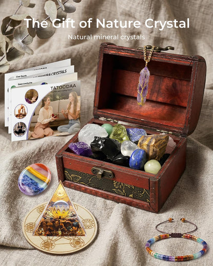 Crystals and Healing Stones Set - Chakra Crystals, Thumb Worry Stones, Golden Orgone Pyramid for Positive Energy - Flower of Life, Chakra Bracelets, 7 Chakra Stones Set, Birthday Gifts for Women