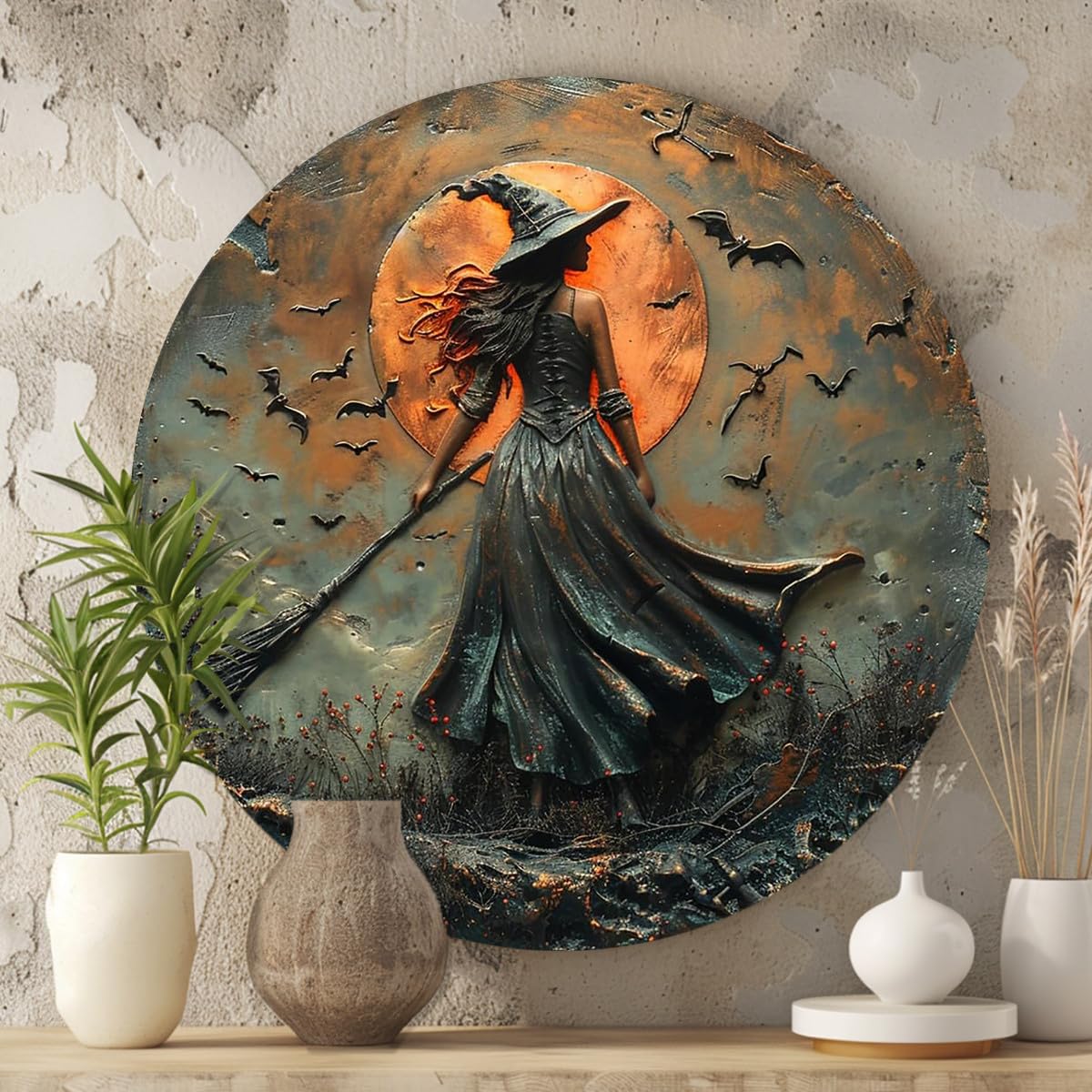 Classic Witch on Broomstick Round Aluminum Sign Halloween Autumn Wall Hanging Decorative Signs & Plaques 8x8 Inch Rustic Style Wall Decor for Halloween, Autumn, Living Room, Bedroom