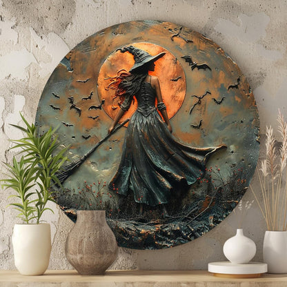 Classic Witch on Broomstick Round Aluminum Sign Halloween Autumn Wall Hanging Decorative Signs & Plaques 8x8 Inch Rustic Style Wall Decor for Halloween, Autumn, Living Room, Bedroom