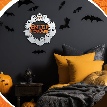 MorningRo Metal Ghost Wreaths for Front Door Halloween Hanging Wreaths Halloween Boo Enter If You Dare Hanging Welcome Sign for Porch Wall Home Outdoor, 13 Inch