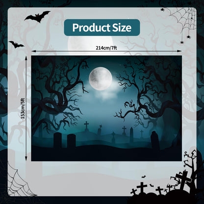 7 x 5 FT Halloween Backdrop - Large Dark Night with Moon, Tombstones Forest Design Wall Hanging Background Spooky Photography Photo Booth Props for Indoor Outdoor Garden Haunted Party Decorations