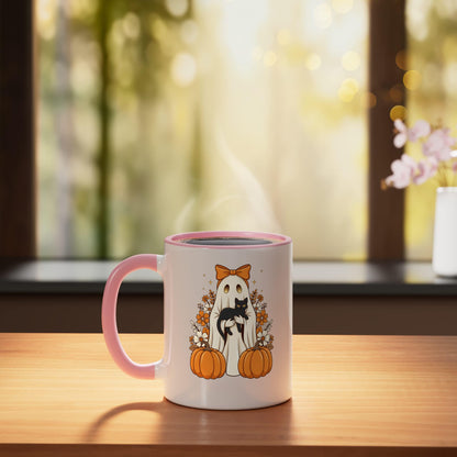 Halloween Ghost Holding Black Cat Pumpkin Floral Cute Spooky Ceramic Mug, Pink/White
