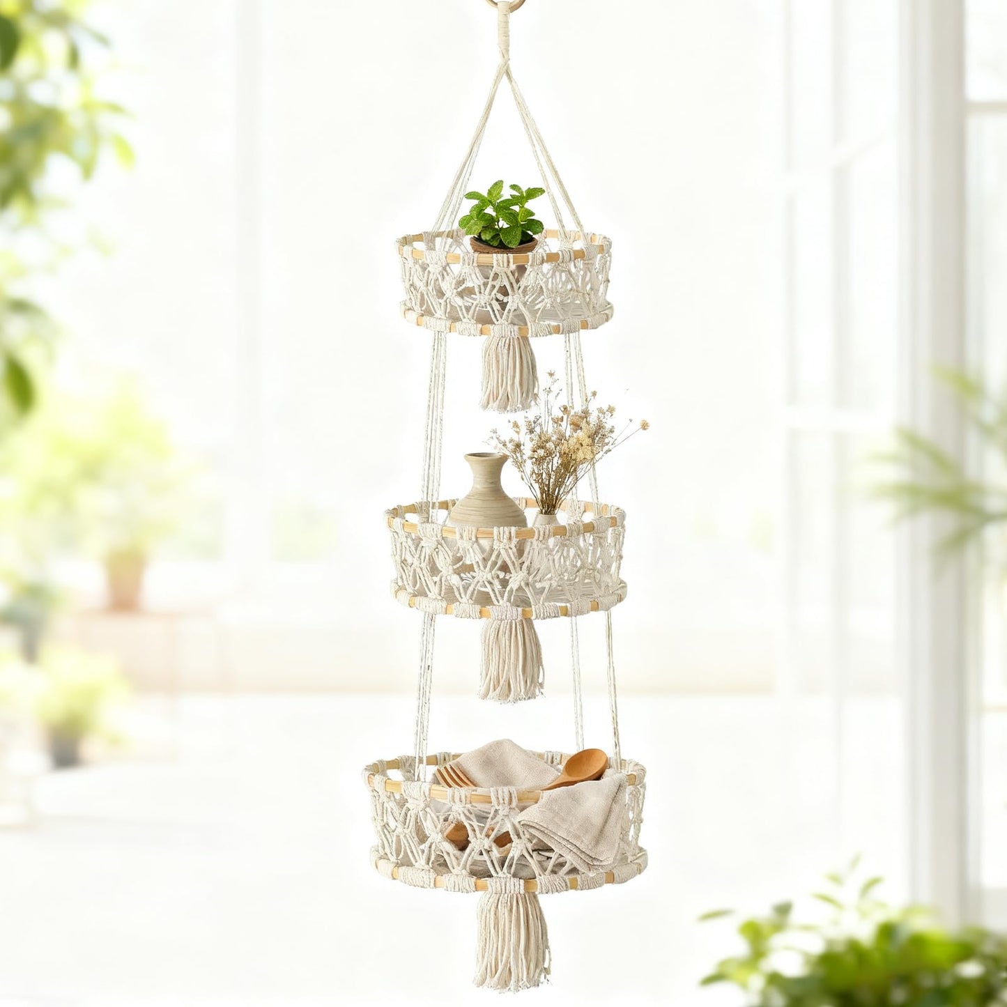 MuuXii 3 Tier Hanging Fruit Basket, Macrame Hanging Basket for Fruit and Vegetable Storage, Cotton Rope Woven Baskets, Boho Wall Baskets Organizing Hanging Plant Holder for Indoor Kitchen Decor