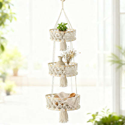 MuuXii 3 Tier Hanging Fruit Basket, Macrame Hanging Basket for Fruit and Vegetable Storage, Cotton Rope Woven Baskets, Boho Wall Baskets Organizing Hanging Plant Holder for Indoor Kitchen Decor