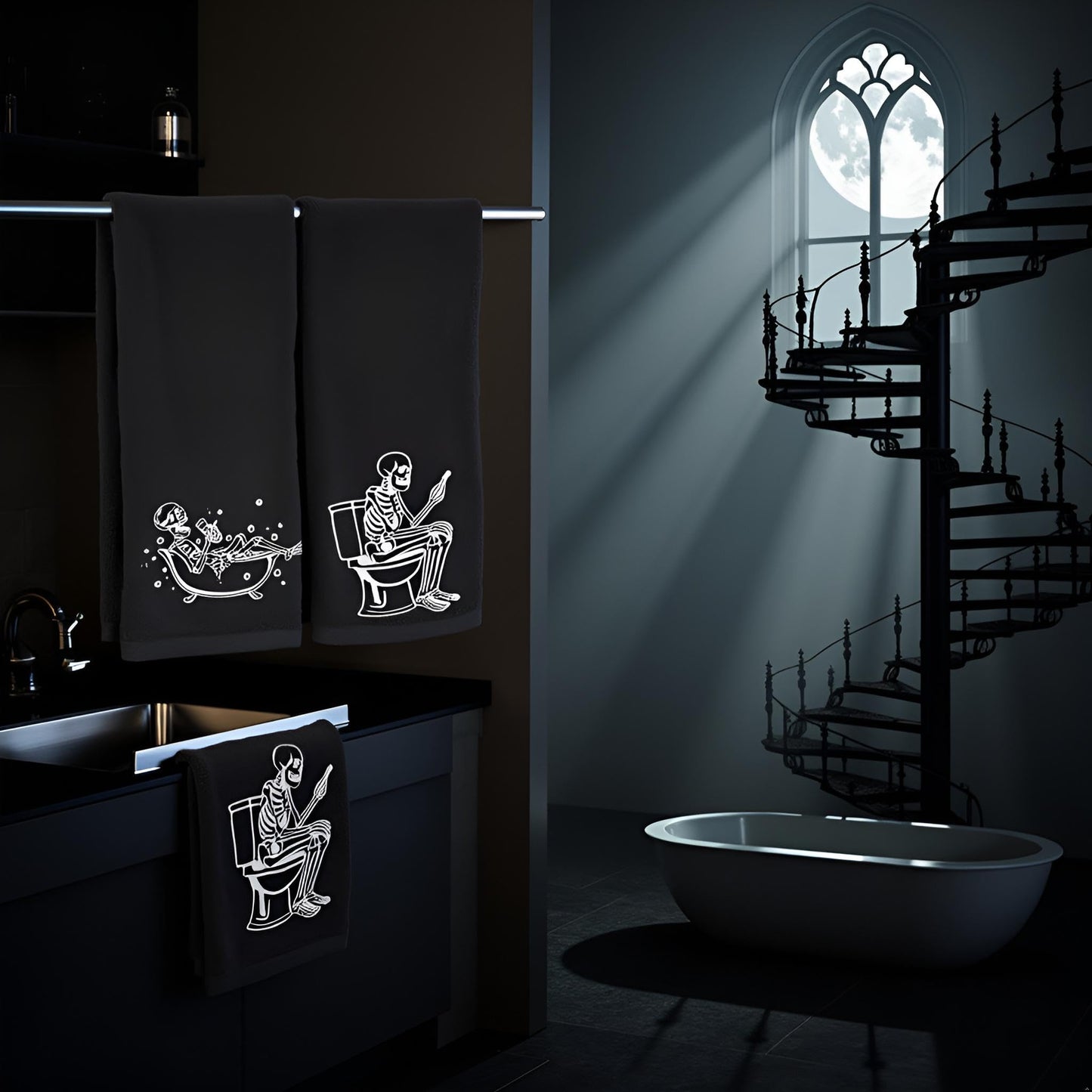 2 Pack Luminous Halloween Hand Towels 100% Cotton Embroidered Skull Halloween Kitchen Towels Glow in The Dark Black Skeleton Bathroom Towels Seasonal Bathroom Decor (Black Skeleton, Halloween)