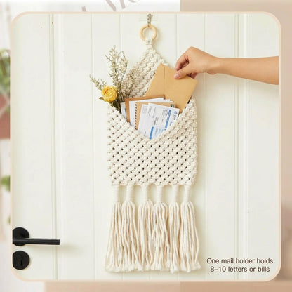 Marspark 2 Pack Boho Mail Holder for Wall, Handwoven Mail Organizer with Hooks, Cotton Rope Hanging Basket for Letters, Keys and Small Items for Entryway Home Office Hallway Decor, White