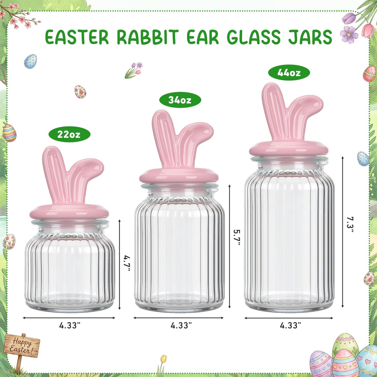 Potchen Easter Glass Jars with Airtight Lids Set of 3, 22oz, 34oz & 44oz Large Cookie Jar Set, Clear Candy Storage Canisters for Easter Party Gift Table & Countertop Decoration