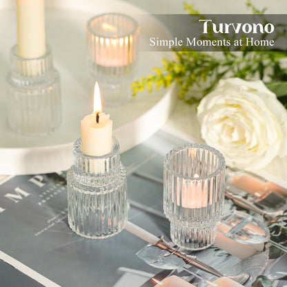 Turvono Clear Glass Taper Candle Holders Set of 12, Small Tapered Candlestick Holders in Bulk, Modern Short Candle Sticks for Dining Table Centerpiece Wedding Christmas Party & Holiday Decorations