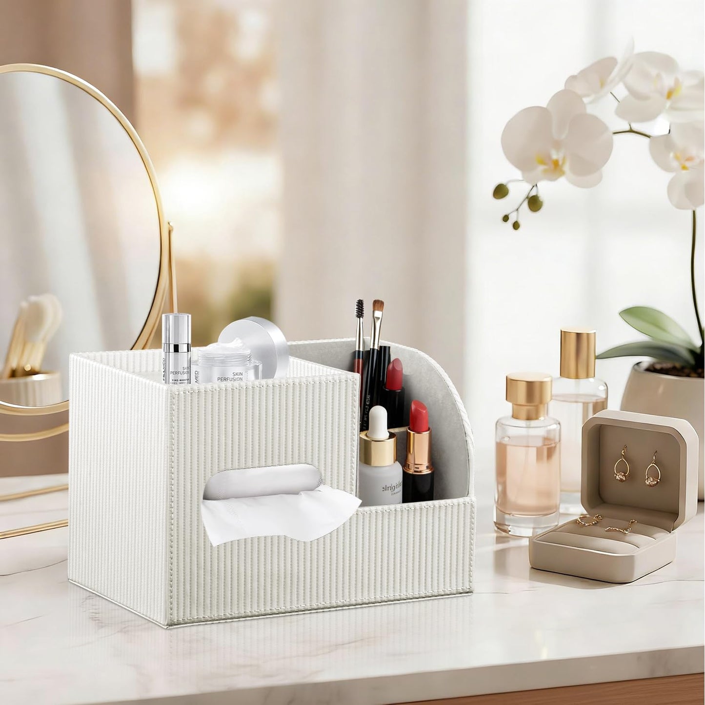 Fanousy Modern PU Leather Cube Tissue Box Cover with Storage Tray, Multifunctional Remote Control Holder & Facial Tissue Dispenser Organizer for Nightstand, Bathroom, Bedroom, Office & Home Decor