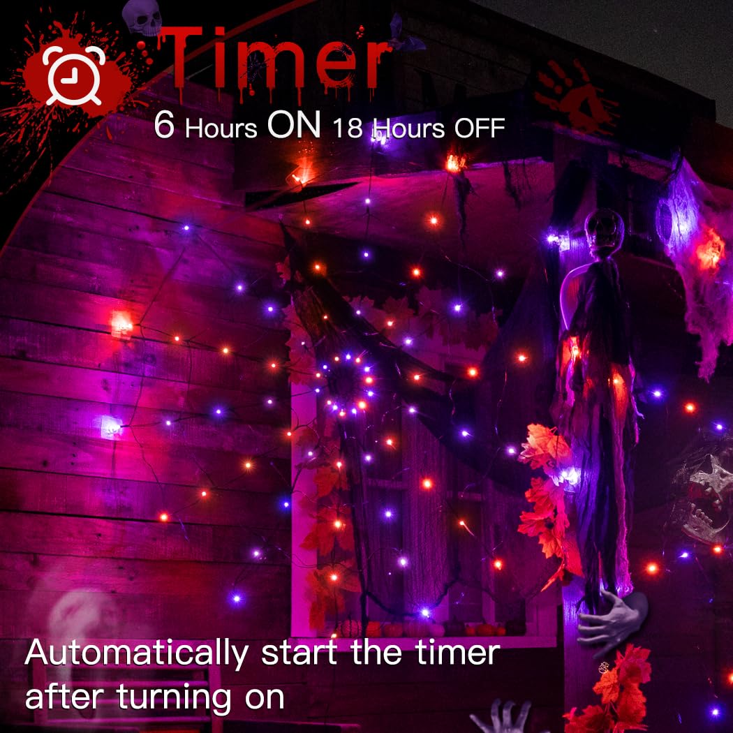 Ollny Spider Web Decoration 4FT 70 LED, Orange and Purple Halloween Lights with Black Spider Battery Powered 8 Modes Timer, Waterproof Cobweb String Light for Outdoor Indoor House Yard Party
