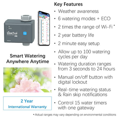 LinkTap G1S Wireless Water Timer (Requires Gateway), Smart Irrigation Hose Faucet Timer, Greater Range Than WiFi Sprinkler Timers, 2 Year Battery Life, Weather Aware, Alexa