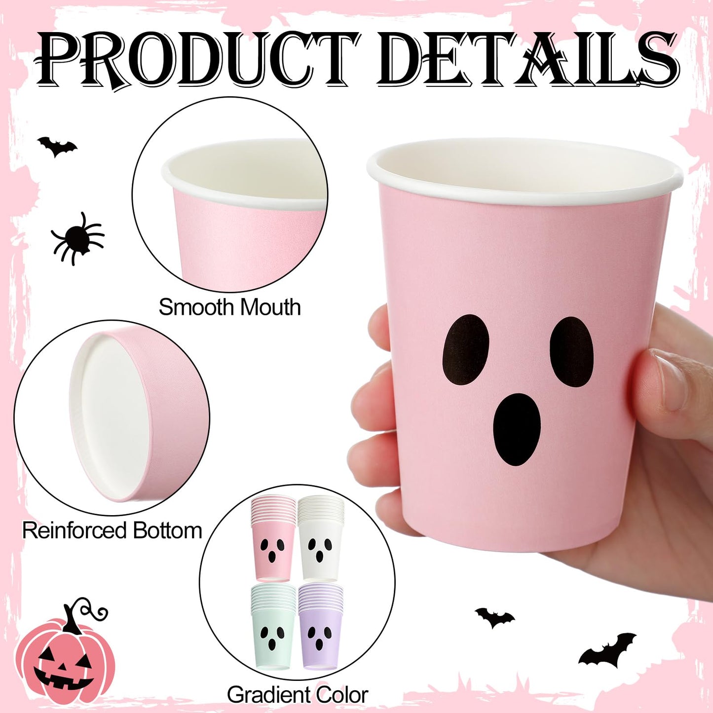 Jingmore 100 Count Summer Halloween Paper Cups 9 oz Disposable Hot/cold Beverage Drinking Cups for Girly Pastel Halloween Party Supplies Decoration(Ghost Face)