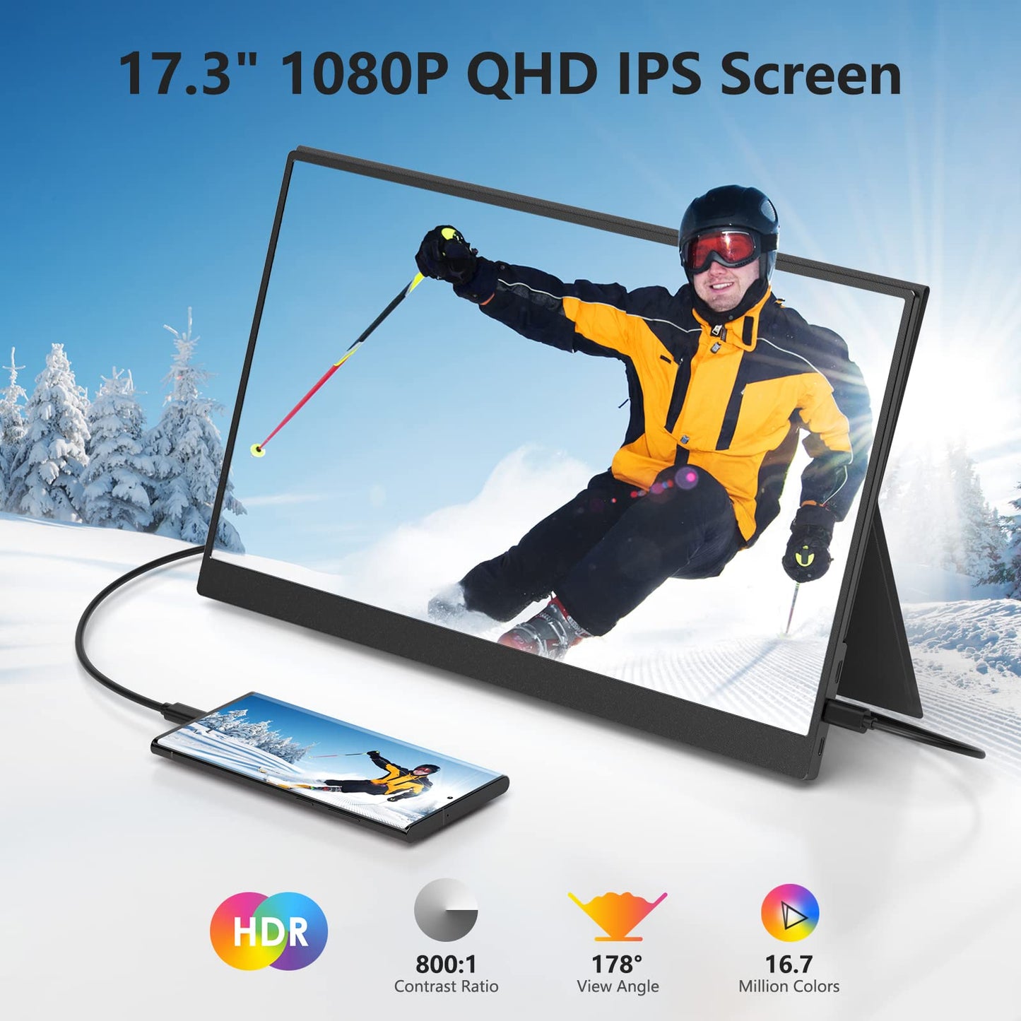 ForHelp 17.3" Portable Monitor 1080P FHD 144Hz Narrow Edge Laptop Monitor USB C HDMI Gaming Computer IPS HDR Screen, Travel Monitor for PC Mac Phone Xbox PS5 Switch Laptop w/Smart Cover & Speakers