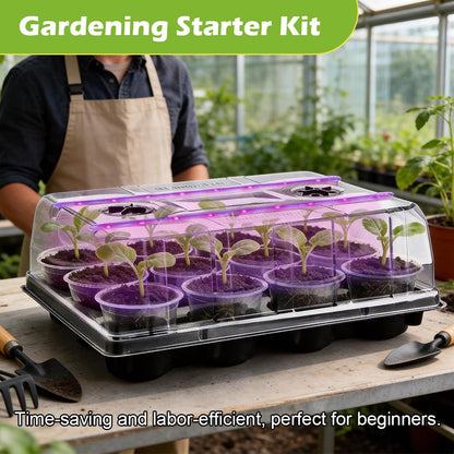 36 Pack 4 Inch Clear Plant Pots & 3 Pack 12 Cell Nursery Pot Trays with Humidity Dome and Growing Lights for Seed Starting, Germination, Seedling Propagation Plant Growing, Sturdy Gardening Kit 3 Sets