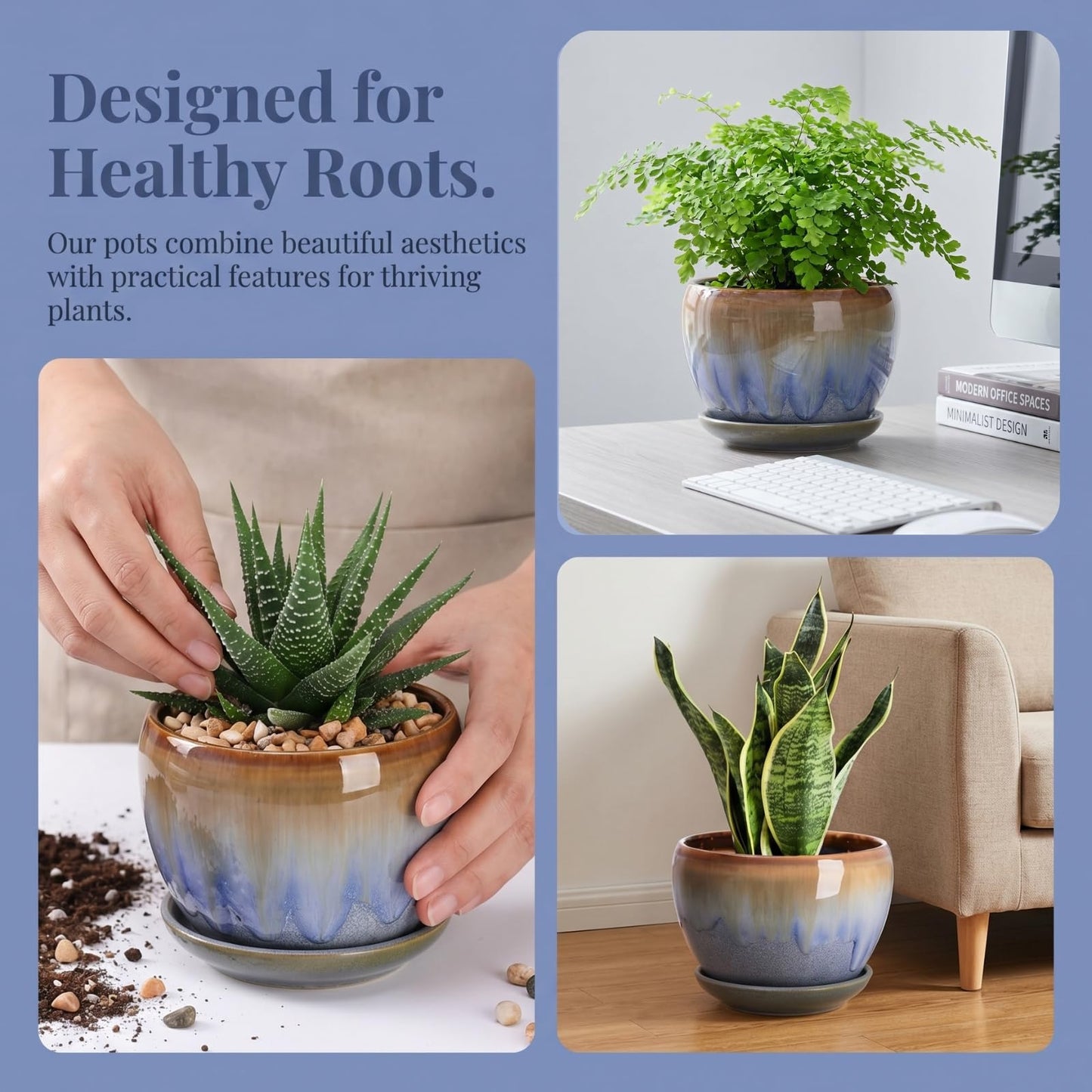 AVLA 3 Pack Ceramic Plant Pots, Gardening Drip Glazed Planters, Decorative Flower Pot with Drainage Hole and Saucer, Round Rustic Houseplant Container for Succulent Herbs Cactus Orchid, Home Office
