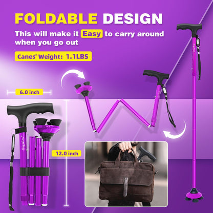 BigAlex Folding Walking Cane for Elderly Adjustable & Portable Walking Stick for Seniors,Pivoting Quad Base,Lightweight,Collapsible with Carrying Bag for Men/Woman