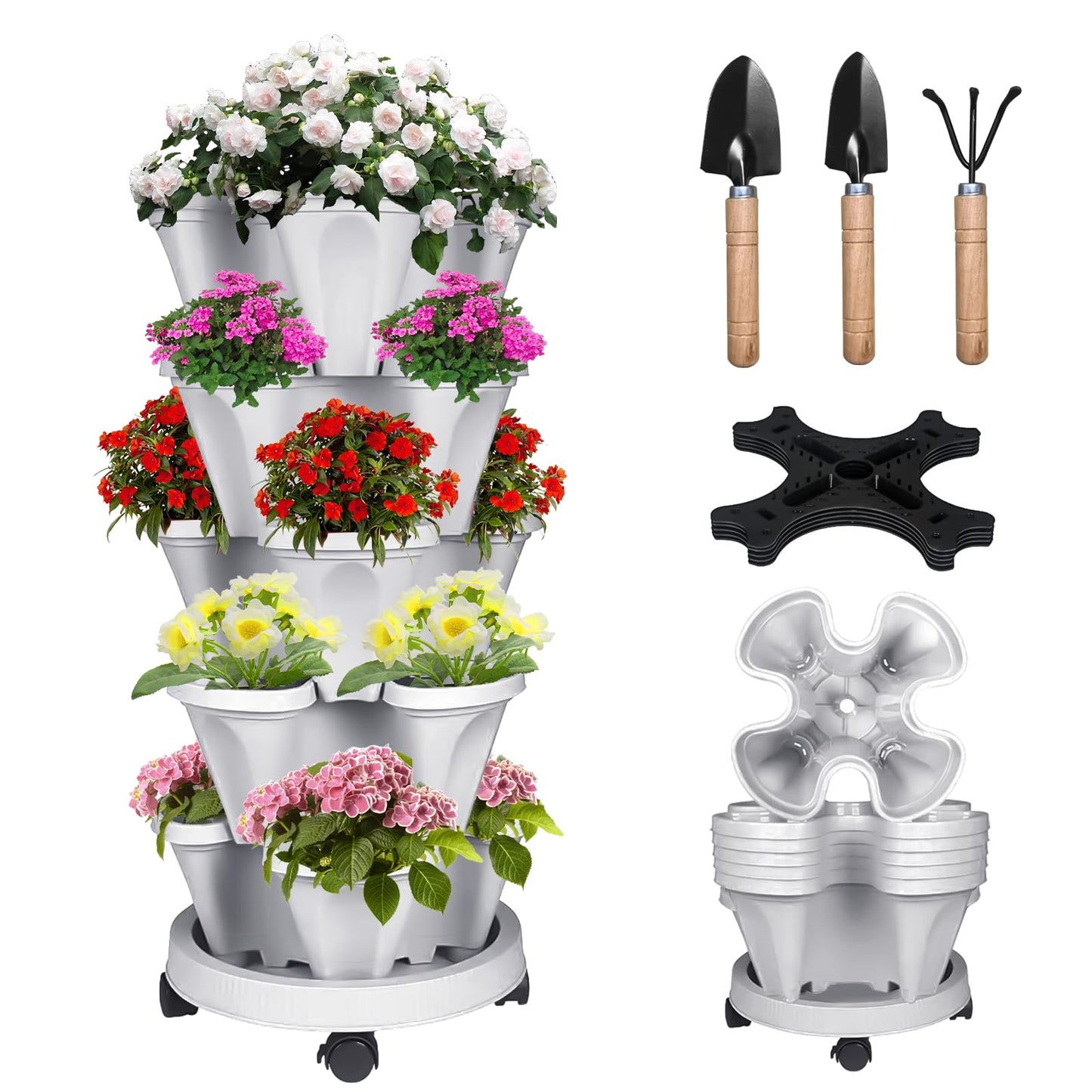 Bociks Vertical Strawberry Planter 5 Tier Stackable Tower Herb Planters-Stacking Garden Outdoor Planter Pot With Tools Mover For Succulents, Vegetables and Flowers