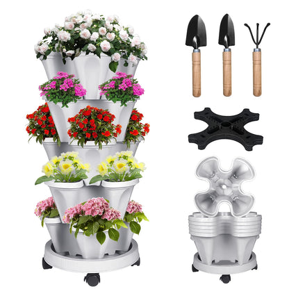Bociks Vertical Strawberry Planter 5 Tier Stackable Tower Herb Planters-Stacking Garden Outdoor Planter Pot With Tools Mover For Succulents, Vegetables and Flowers