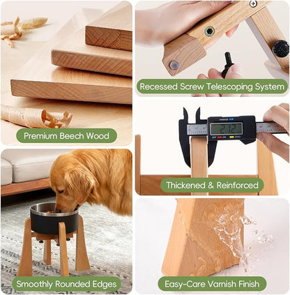 Elevated Bowl Stand Set 12-inch with Heavy Duty Beech Wood Made, Anti-Vomit Design for Medium Breed, Senior Dogs, Ergonomic Neck Protecting, Adjustable Diameter, Easy Clean Non Toxic