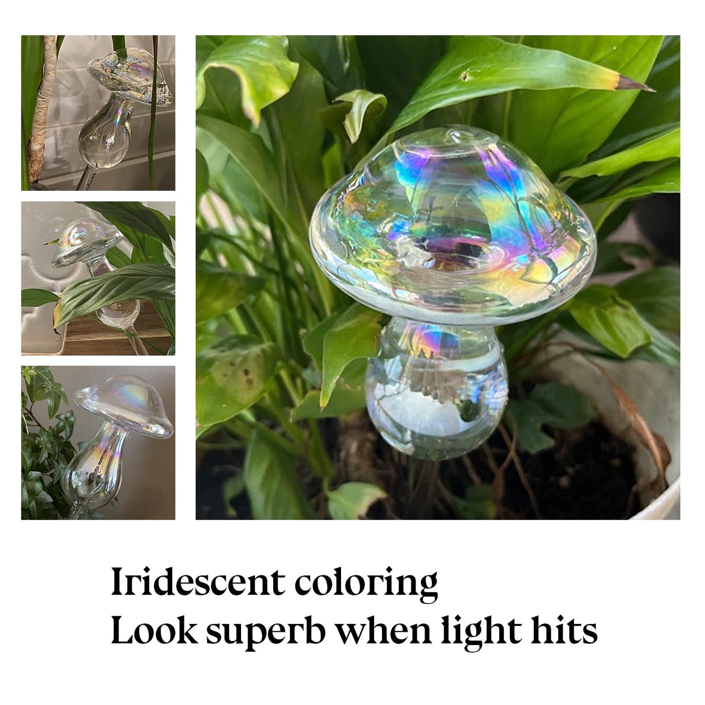 HyJeryty Non-Clogging Iridescent 3 Pack Mushroom Plant Watering Globes with Terracotta Spikes, Hand Blown Glass Self Watering Planter Insert Plant Watering Devices Bulbs for Indoor and Outdoor Plants