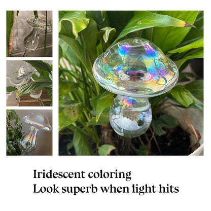 HyJeryty Non-Clogging Iridescent 3 Pack Mushroom Plant Watering Globes with Terracotta Spikes, Hand Blown Glass Self Watering Planter Insert Plant Watering Devices Bulbs for Indoor and Outdoor Plants