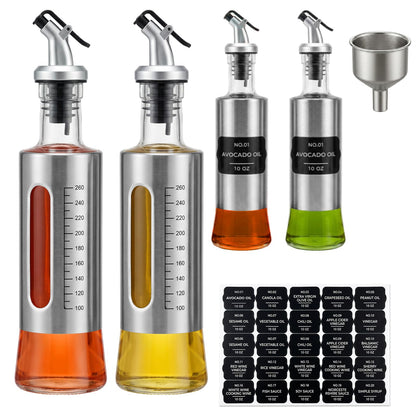 LIONTOTO Olive Oil Dispenser for Kitchen, 4 Pack 10oz/300 ML Cooking Oil and Vinegar Dispenser Set with 20 Labels Stainless Steel Funnel, Olive Oil Bottle, Soy Sauce Dispenser, Coffee Syrup Bottles