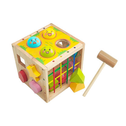 GalaJoyWud Wooden Activity Cube for Baby,Shape Sorters for Toddlers 1-3, Developmental Toy with Bead Maze, Hammer Pounding & Sensory Blocks, Gift for Boys and Girls