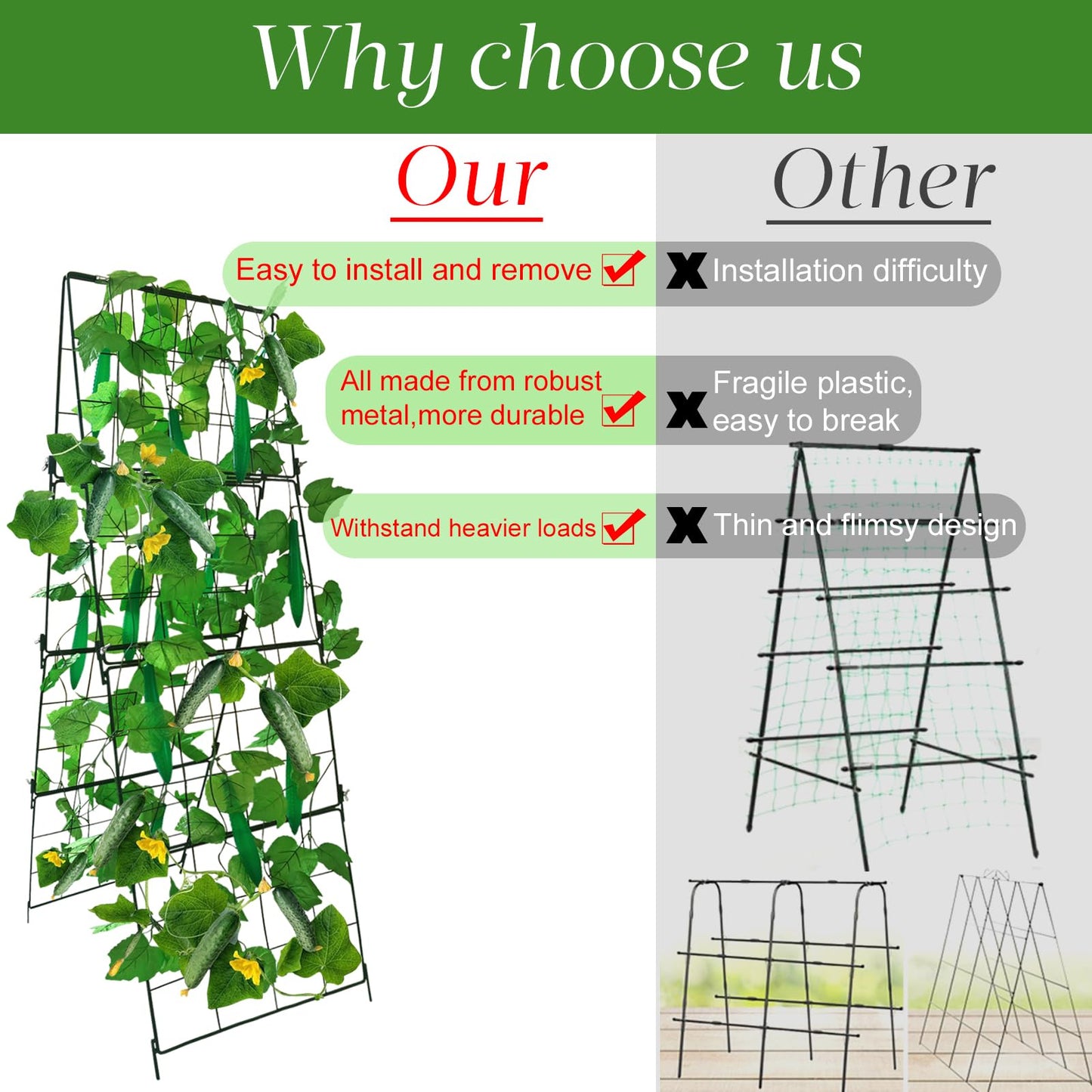 Heavy Duty Cucumber Trellis Thickened for Raised Garden Bed,48"x16" Foldable Frame Metal Vegetable Trellis for Climbing Plants Outdoor Plant Support for Grape Tomato Peas, Fruit, Vine,Bean(1 Pack)