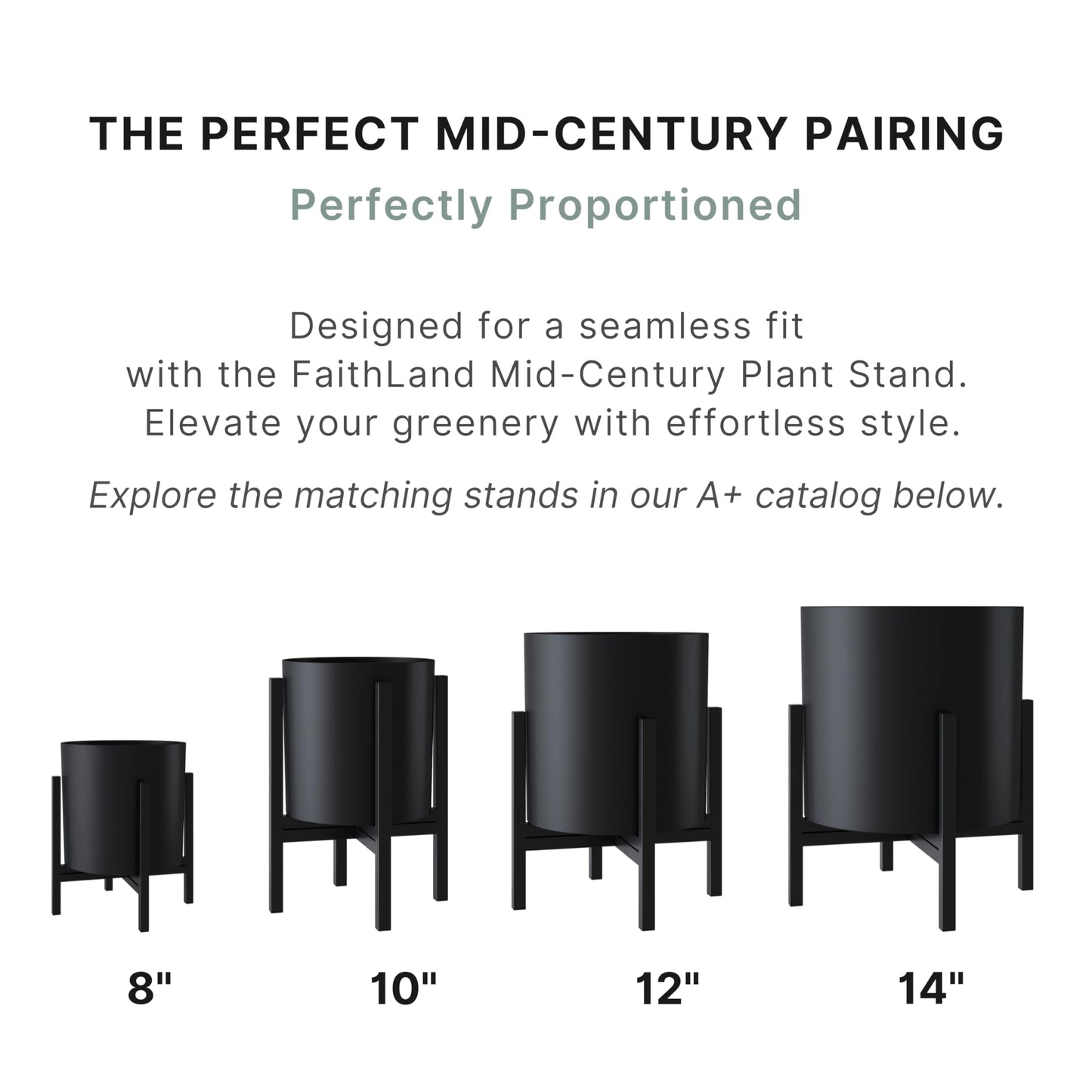 FaithLand 14 Inch Fiberstone Planter - Lightweight Modern Cylinder Plant Pot with Drainage Hole & Plug, Indoor Outdoor Use, Matte Black