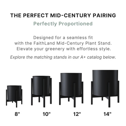 FaithLand 14 Inch Fiberstone Planter - Lightweight Modern Cylinder Plant Pot with Drainage Hole & Plug, Indoor Outdoor Use, Matte Black