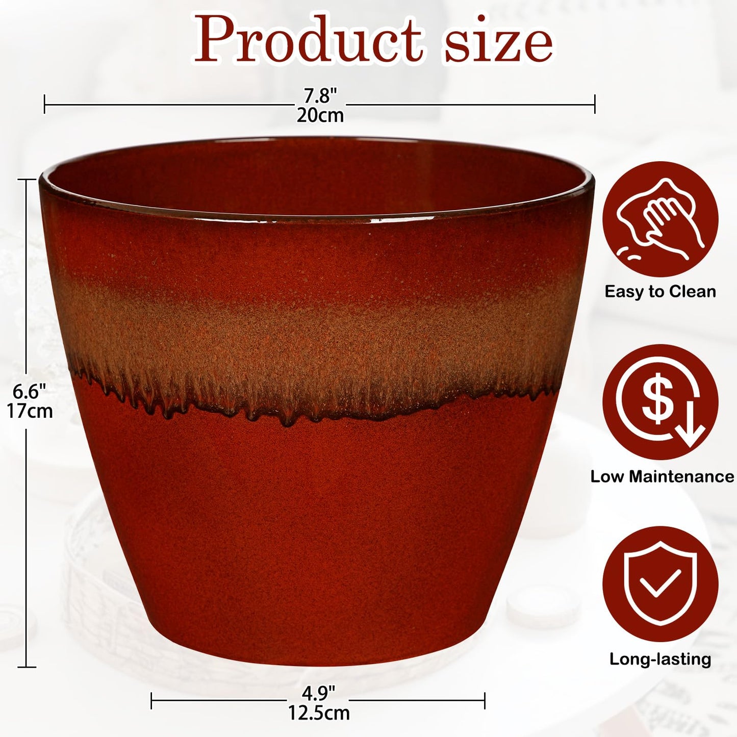 Hollyone Set of 2 Outdoor Planter 8 inch Plant Pot Plastic Pots for Plants Planters for Outdoor Indoor Plants with Drainage Hole Plastic Round Plant Pot Flower Pots Garden Decorations Gradient Red